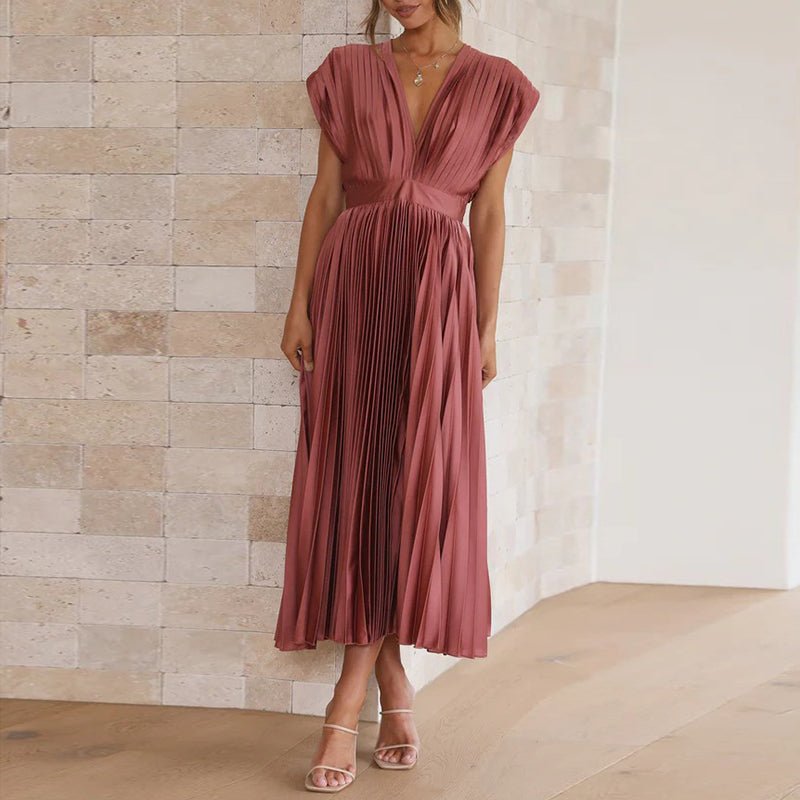 Pleated Satin Midi Dress | Deep V-Neck | Cap Sleeve