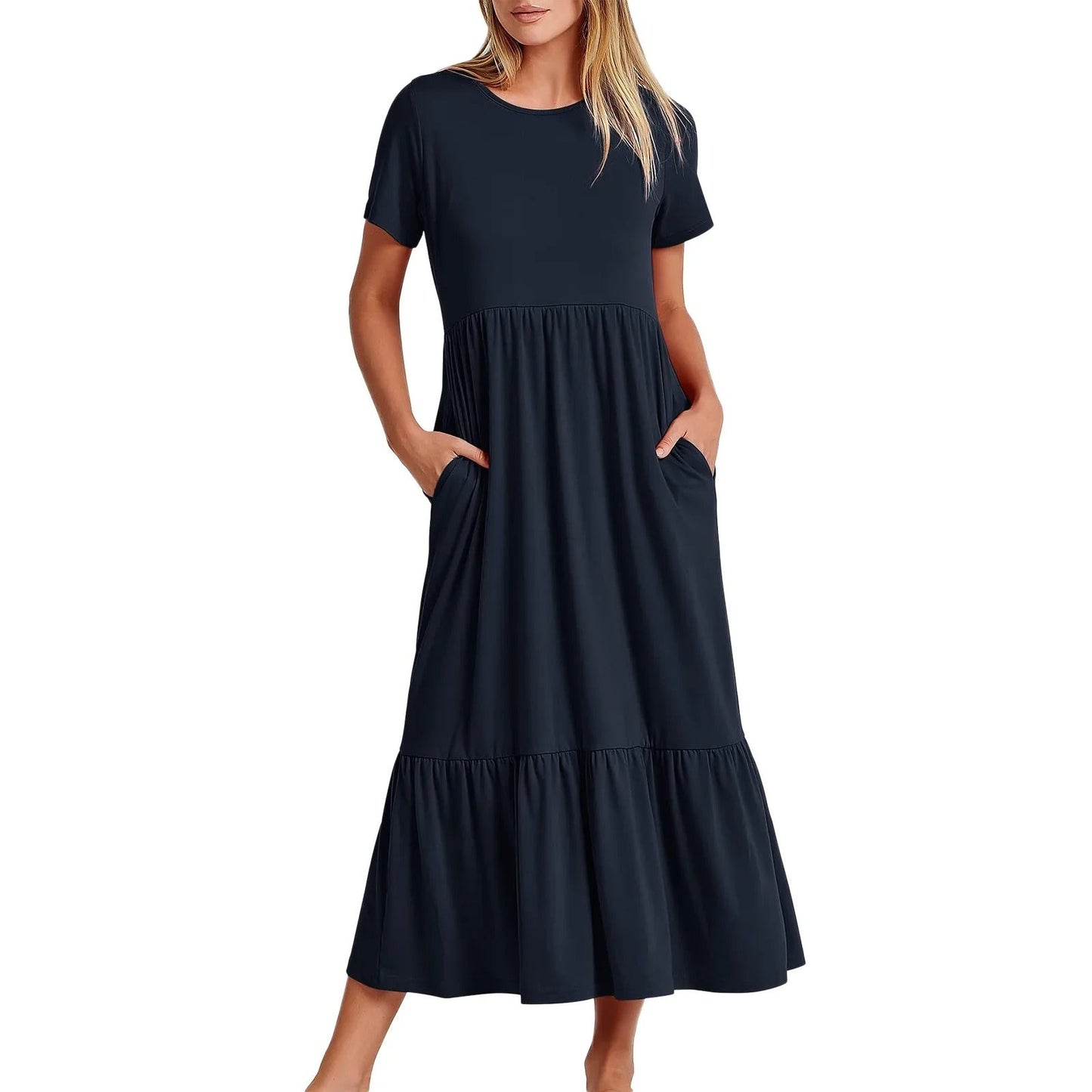 Women's Tiered Midi Dress | Short Sleeve Casual Flowy Dress | Everyday Summer Outfit