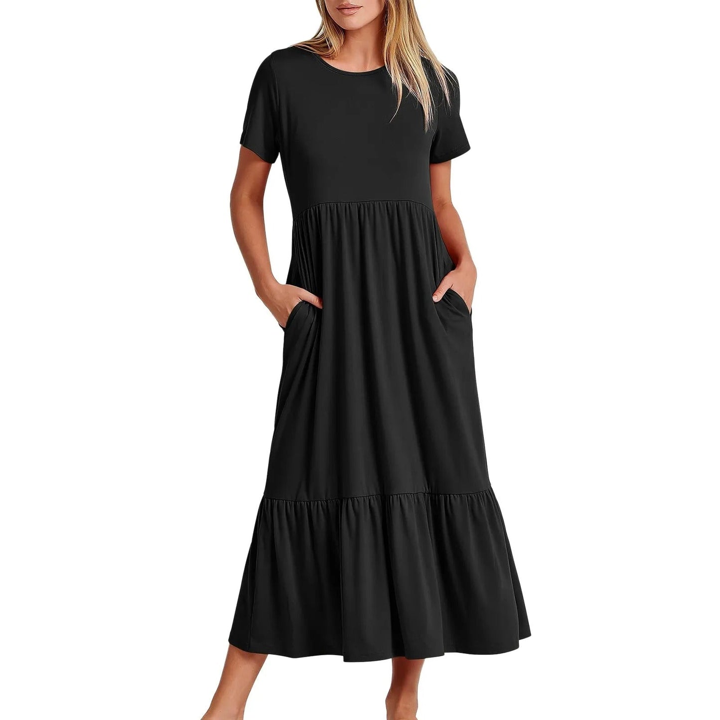 Women's Tiered Midi Dress | Short Sleeve Casual Flowy Dress | Everyday Summer Outfit