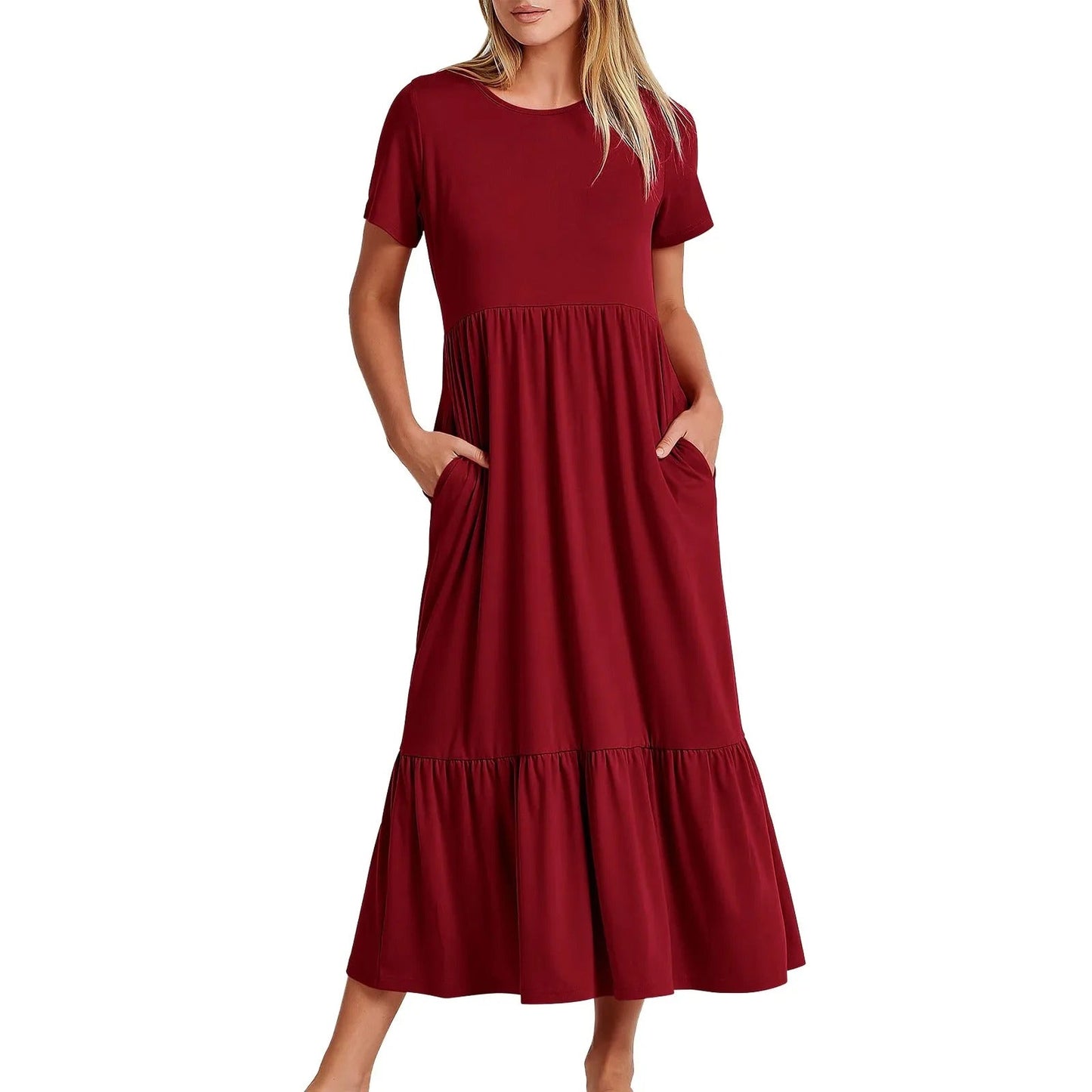 Women's Tiered Midi Dress | Short Sleeve Casual Flowy Dress | Everyday Summer Outfit