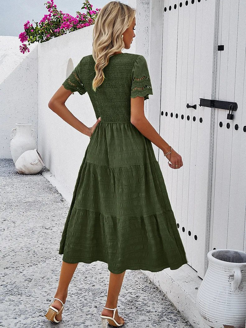 Tiered Midi Dress | Smocked Bodice | Short Sleeve Flowy Fit