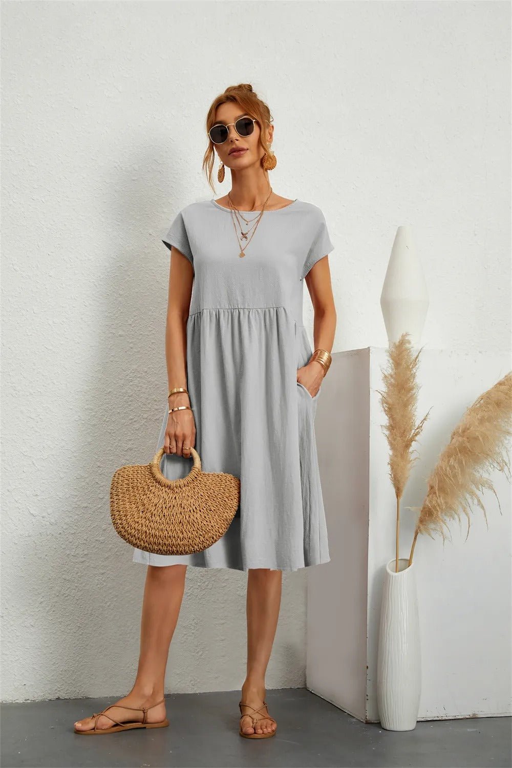 Cotton Blend Pocket Dress | Crew Neck | Casual Cap Sleeve