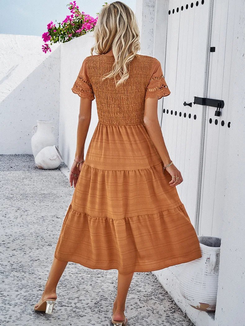 Tiered Midi Dress | Smocked Bodice | Short Sleeve Flowy Fit