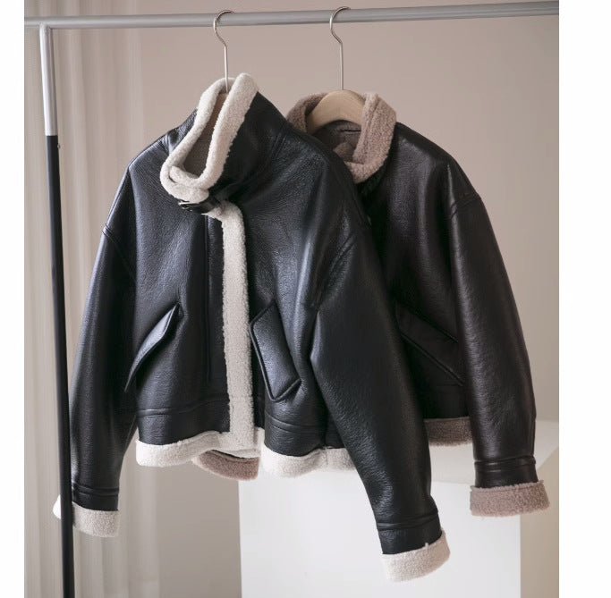 Faux Leather Aviator Jacket | Shearling-Lined Warmth | Black & White Contrast | Winter Style
