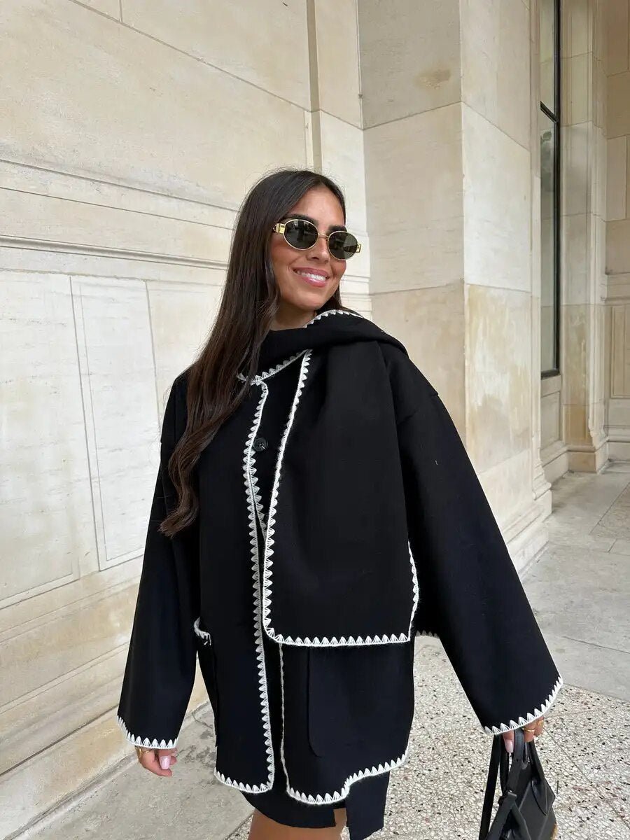 Draped Wool-Blend Coat with Scarf Detail | Oversized Fit | Fringe Hem | Modern Elegance