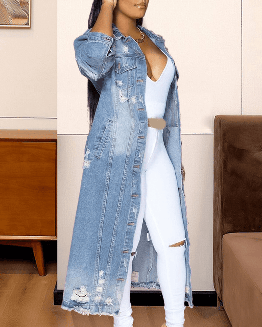Distressed Long Denim Jacket | Button-Down | Casual Streetwear