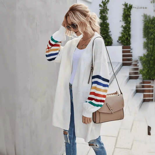 Cozy Knit Cardigan | Colourful Striped Sleeves | Casual & Stylish Layer