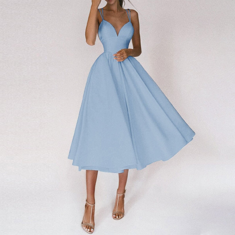 Deep V-Neck Red Gown | Spaghetti Strap Formal Dress | Flowy Floor-Length Silhouette