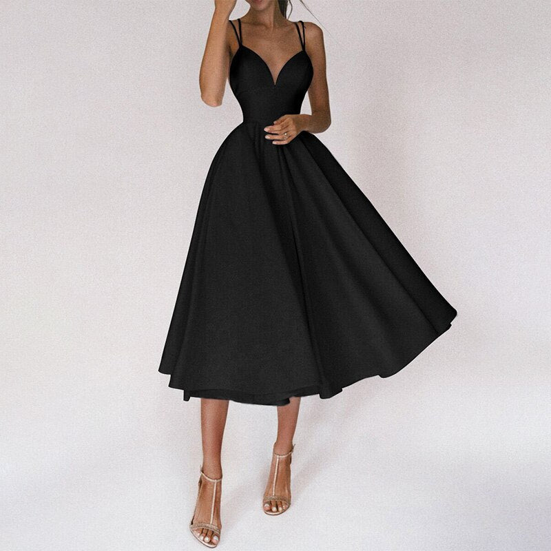 Deep V-Neck Red Gown | Spaghetti Strap Formal Dress | Flowy Floor-Length Silhouette
