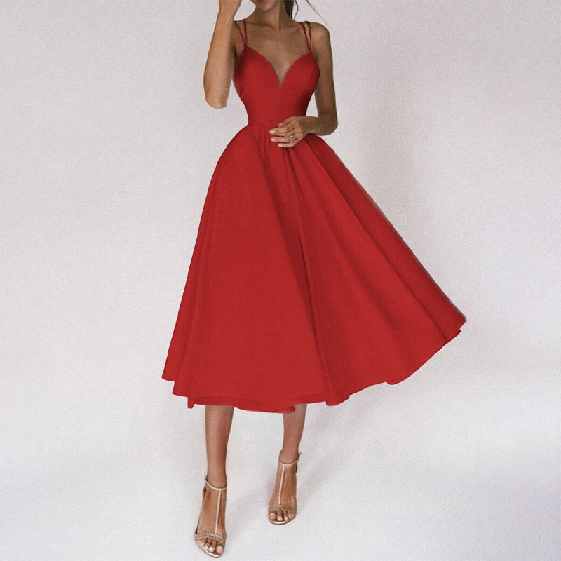 Deep V-Neck Red Gown | Spaghetti Strap Formal Dress | Flowy Floor-Length Silhouette