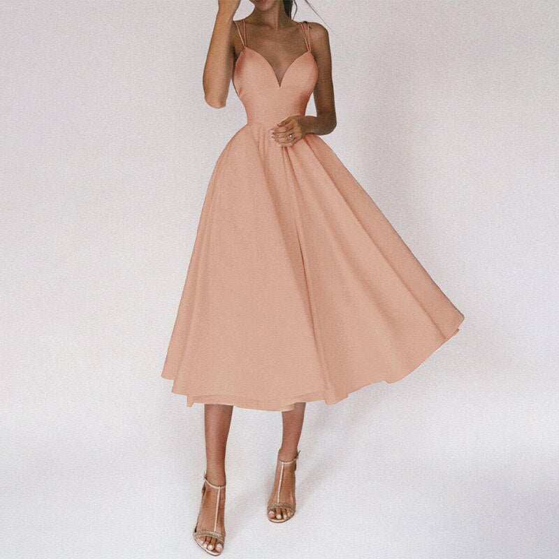 Deep V-Neck Red Gown | Spaghetti Strap Formal Dress | Flowy Floor-Length Silhouette