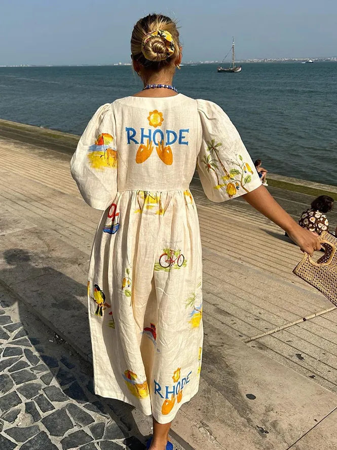 Printed Cotton Midi Dress | V-Neck with Puff Sleeves | Relaxed Vacation Fit