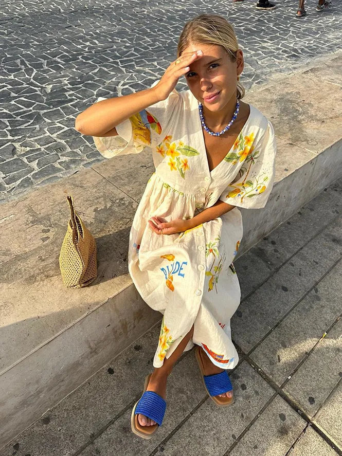 Printed Cotton Midi Dress | V-Neck with Puff Sleeves | Relaxed Vacation Fit