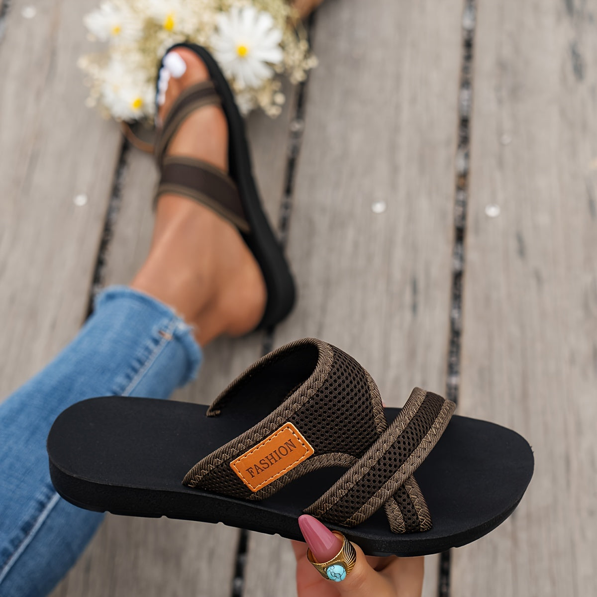Comfort Slip-On Sandals | Criss-Cross Mesh Straps | Cushioned Sole