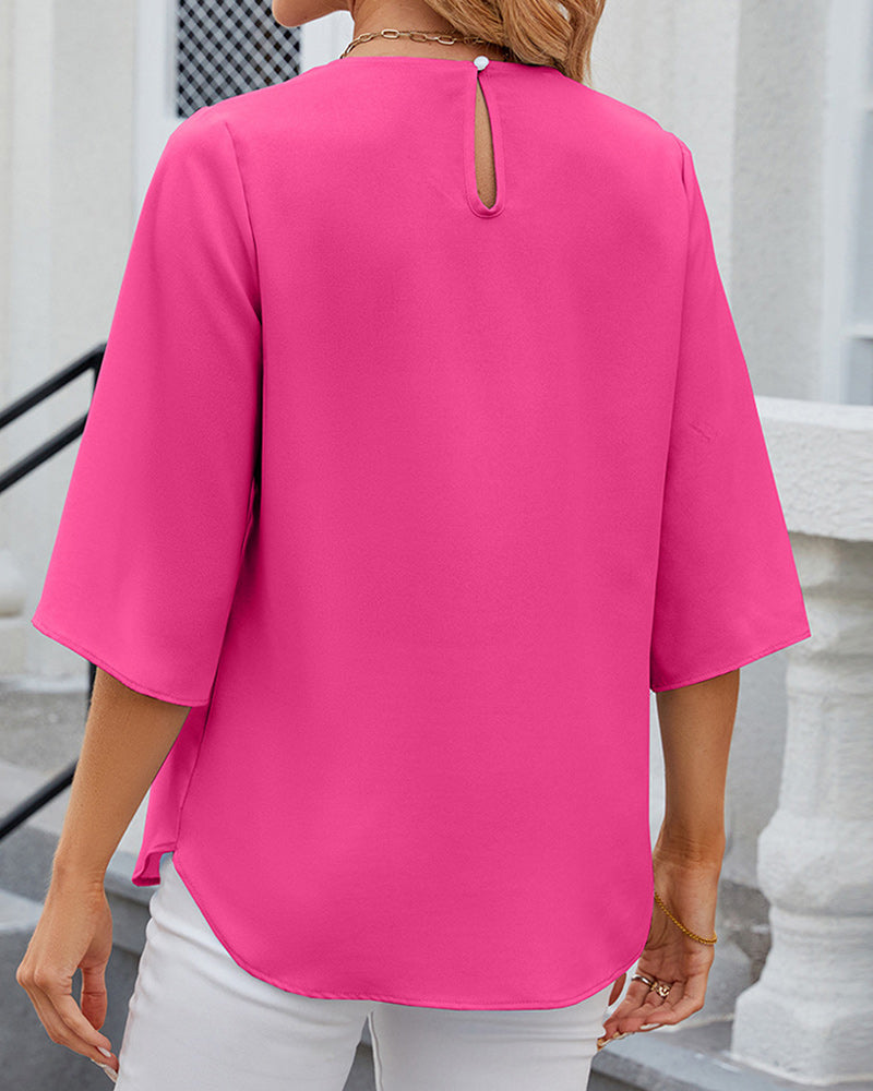 Women's Pleated Round Neck Blouse | Split Sleeve Top | Elegant Workwear Canada