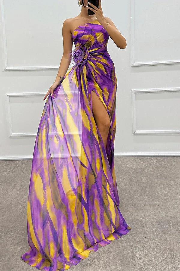 Watercolour Chiffon Gown dress | One-Shoulder Design & Side Slit | Bold Abstract Print