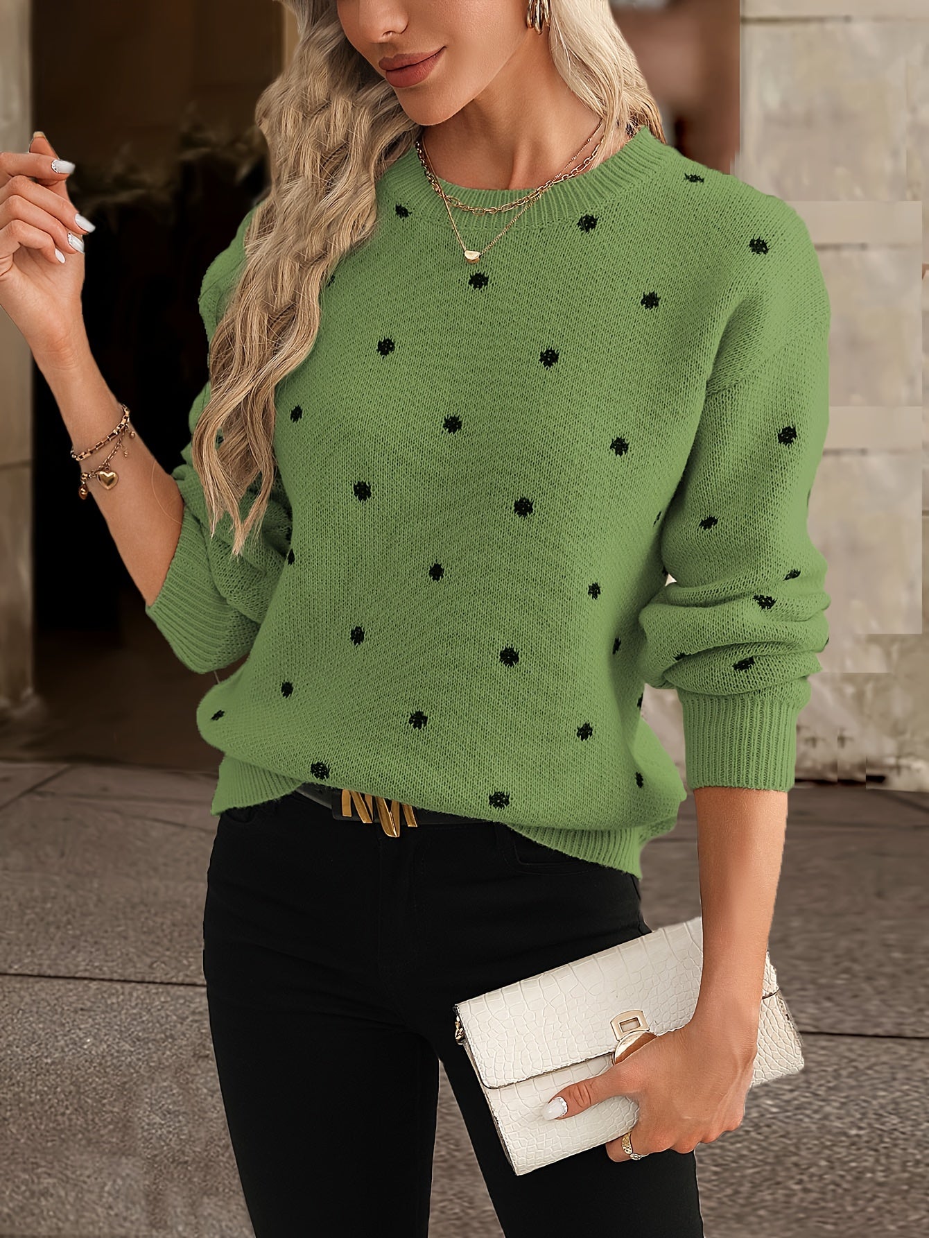 Polka Dot Knit Sweater | Classic Crewneck Design | Slim Fit | Chic Everyday Wear