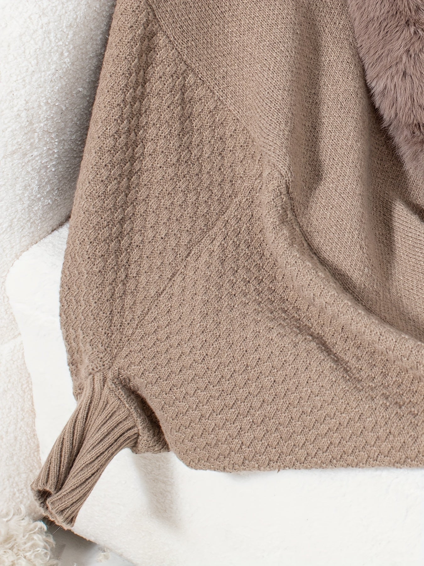 Luxurious Faux Fur-Trimmed Cardigan | Beige | Knitted Acrylic Blend | Winter Chic