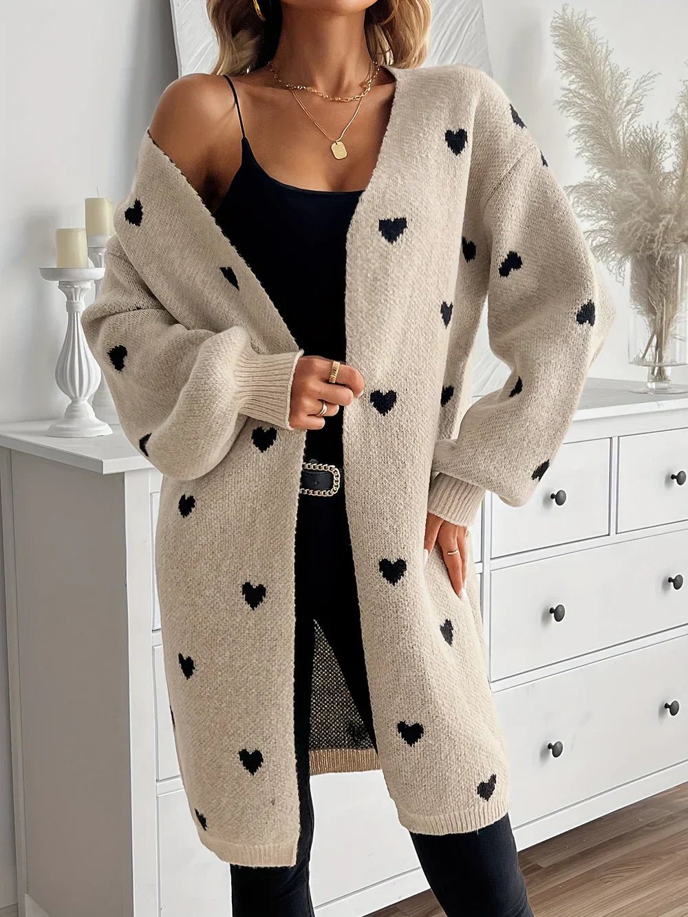 Heart-Patterned Open Front Cardigan | Cozy Knit | Chic Layering Piece | Casual Style