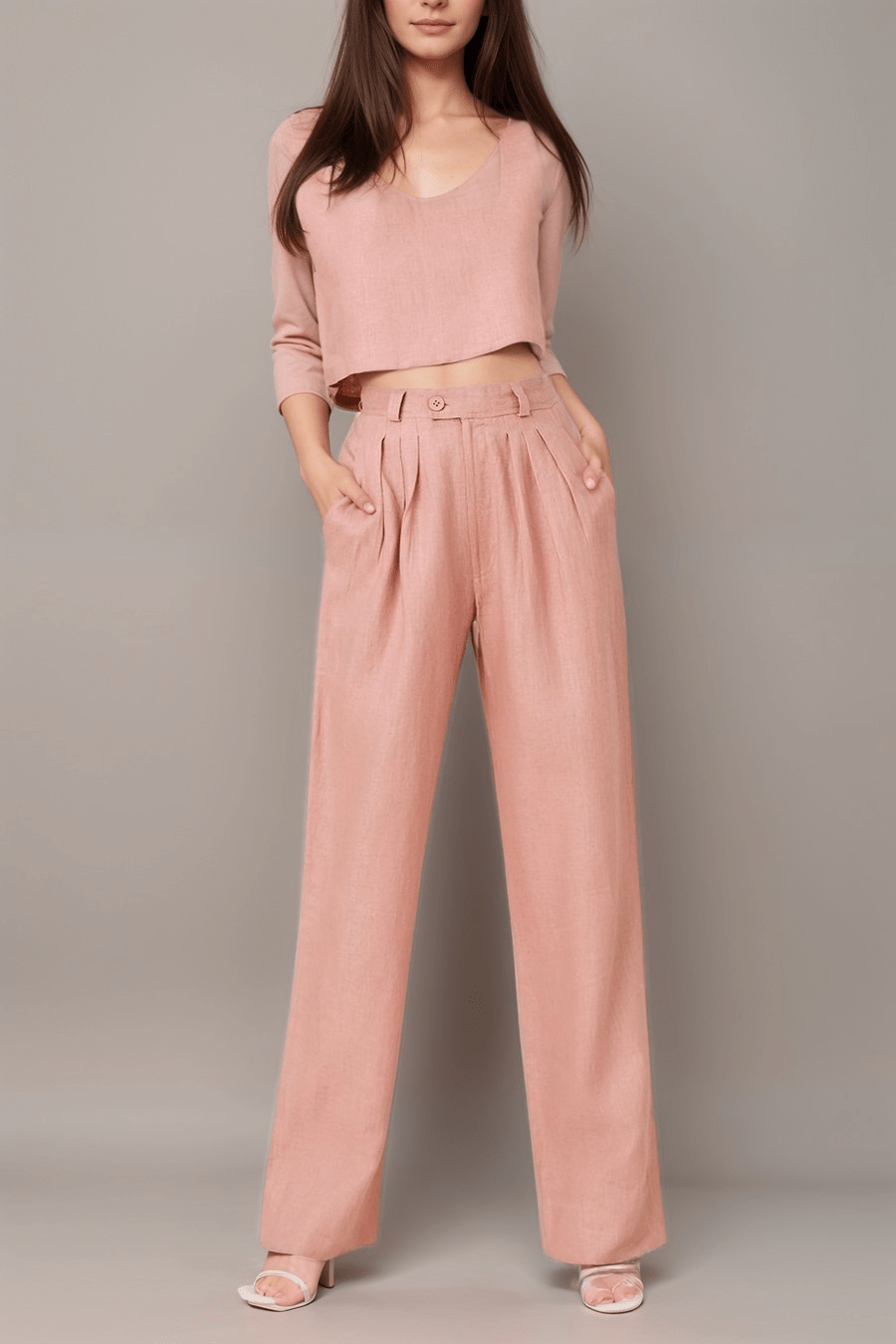 Blush Serenity Two-Piece Set | Cropped Top & High-Waisted Trousers | Polyester Blend