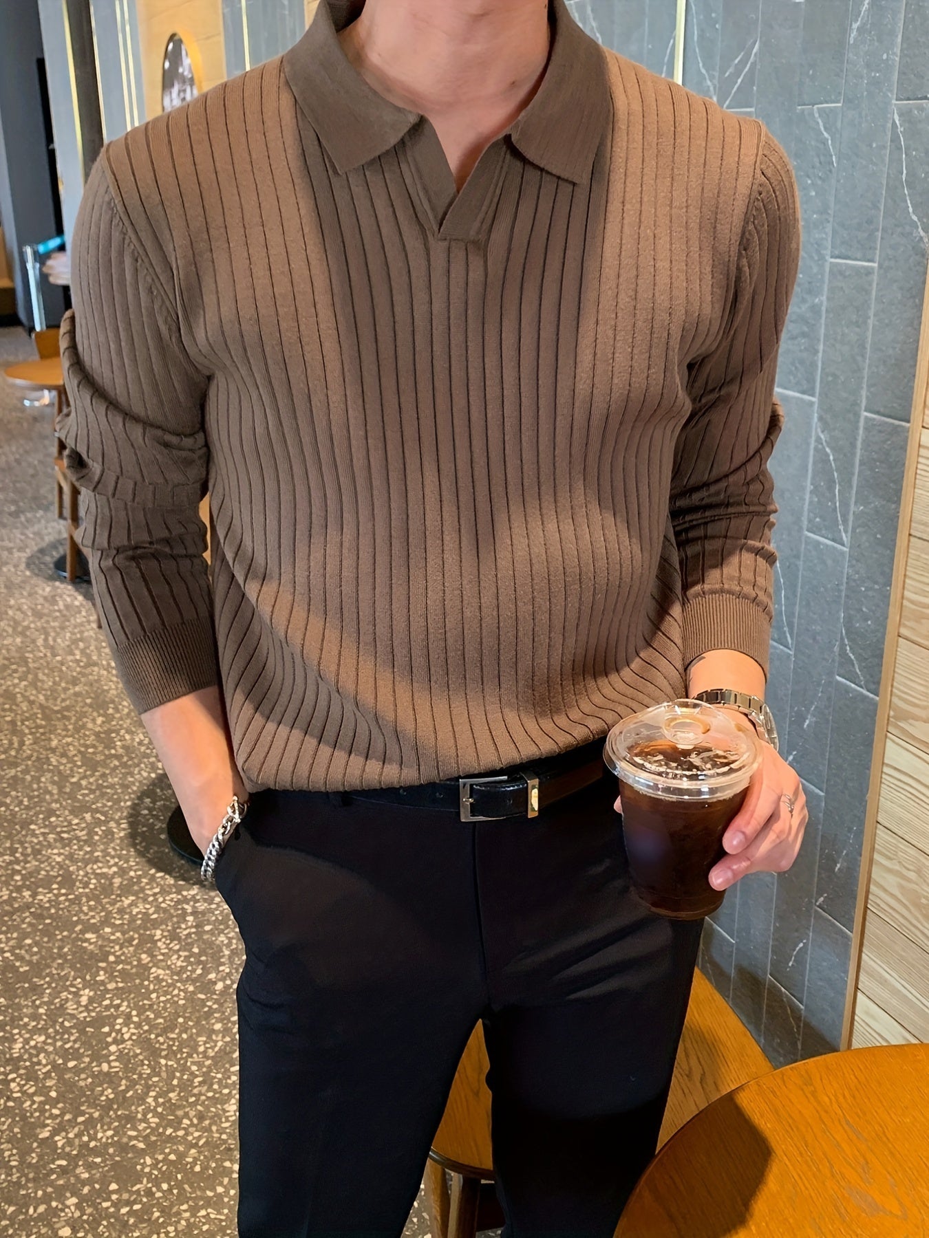 Men's Ribbed Knit Polo Shirt | Long Sleeve | Slim Fit Dress-Casual Top