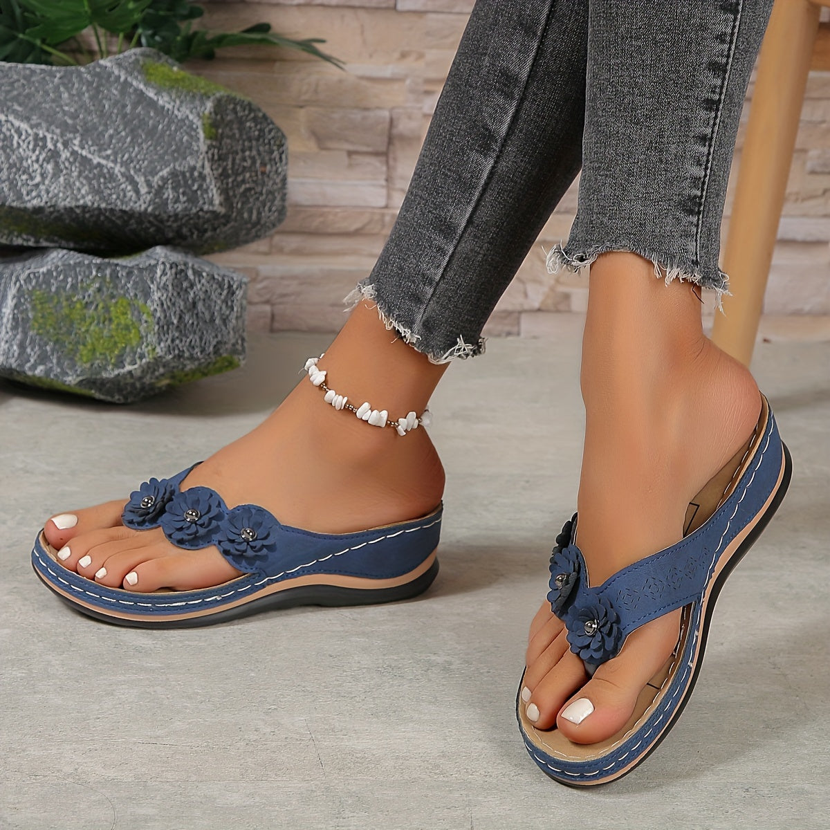 Floral Embellished Flip-Flop Sandals | Cushioned Sole | Casual Summer Comfort
