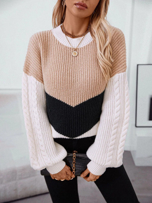 Colour-Block Chevron Knit Sweater | Cable Sleeve Detail | Relaxed Fit | Casual Statement Piece