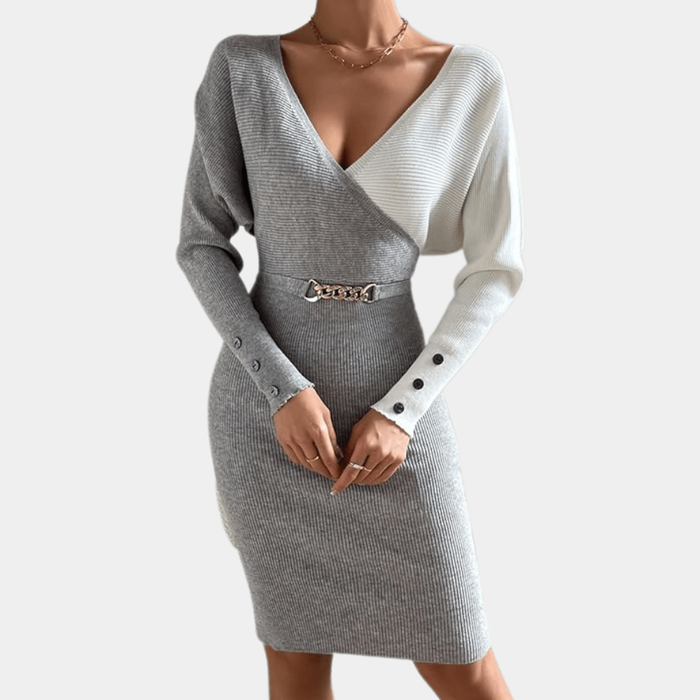 Colour Block Knit Dress | Elegant V-Neck | Ribbed Stretch Fabric | Fall & Winter