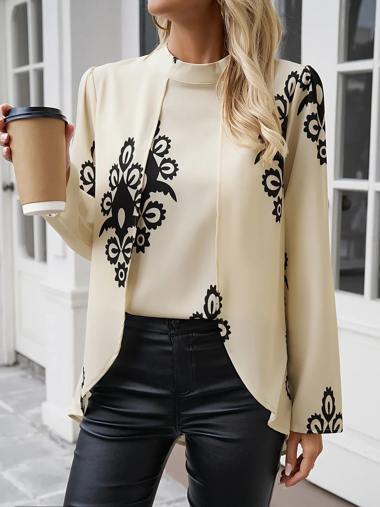 Printed Satin Blouse | Relaxed Fit | High Neck with Back Keyhole