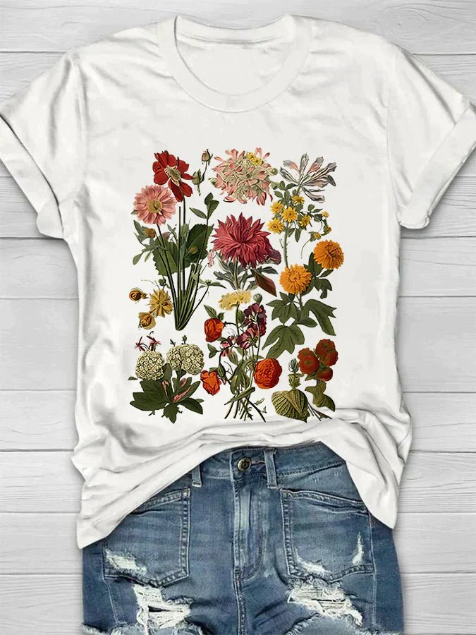 Vintage Botanical Print Tee | Soft Cotton Blend | Relaxed Fit