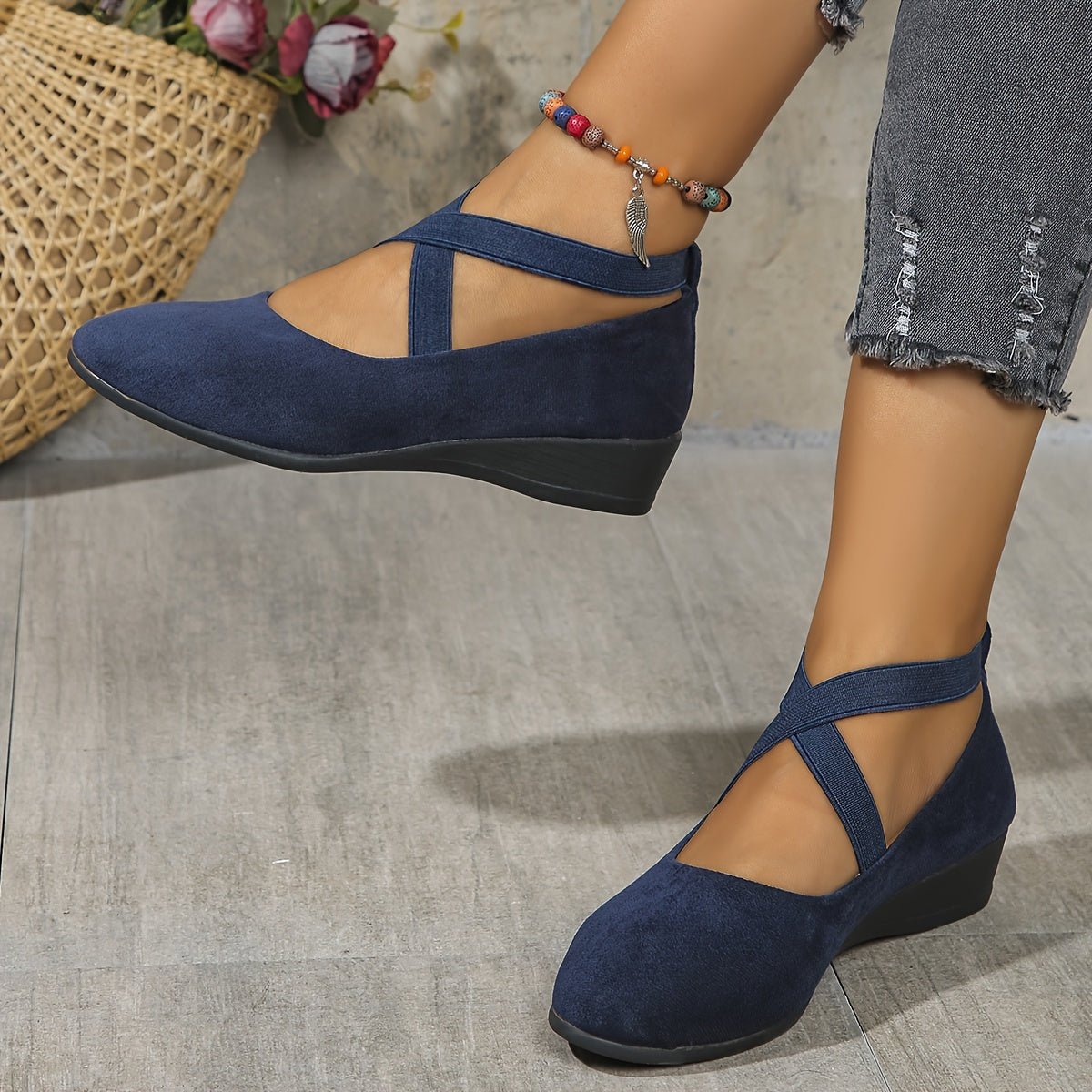 Cross-Strap Wedge Flats | Suede-Look Upper | Cushioned Hidden Heel