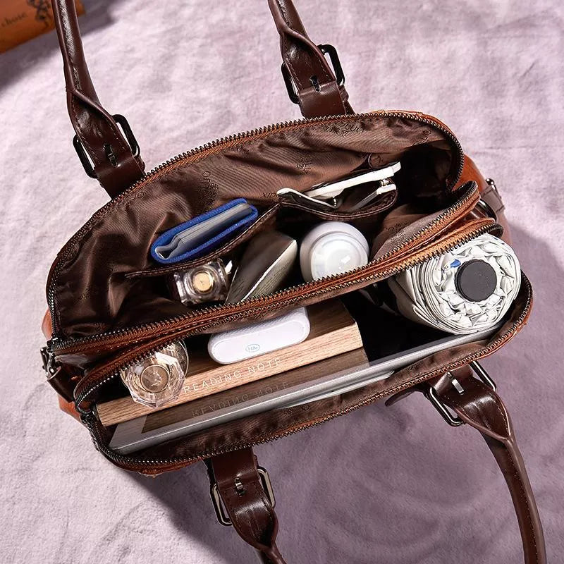 Vintage Leather Satchel Bag | Structured Design | Dual-Zip Compartments