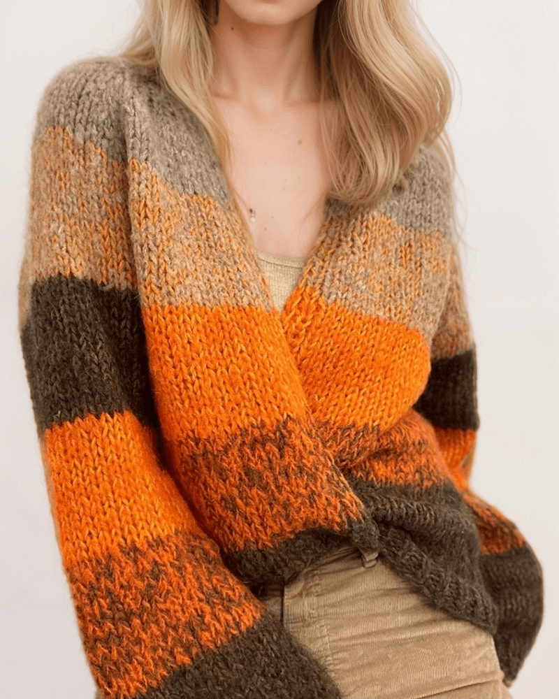 Striped Chunky Knit Cardigan | Orange | Casual Wear | Polyester-Cashmere Blend