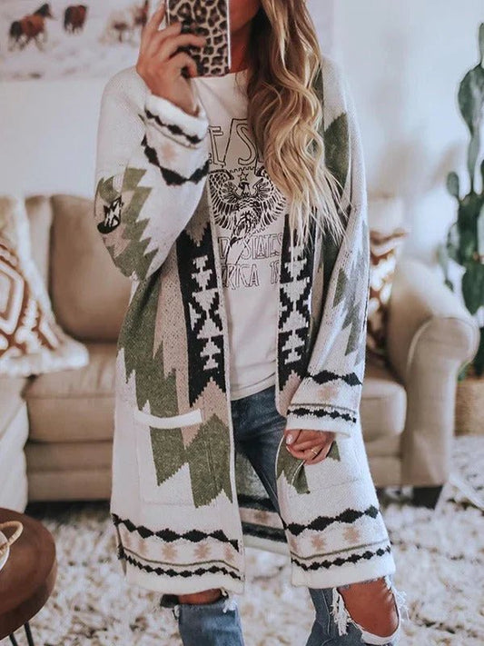 Women's Aztec Print Cardigan | Open-Front Longline Design | Boho-Chic Style