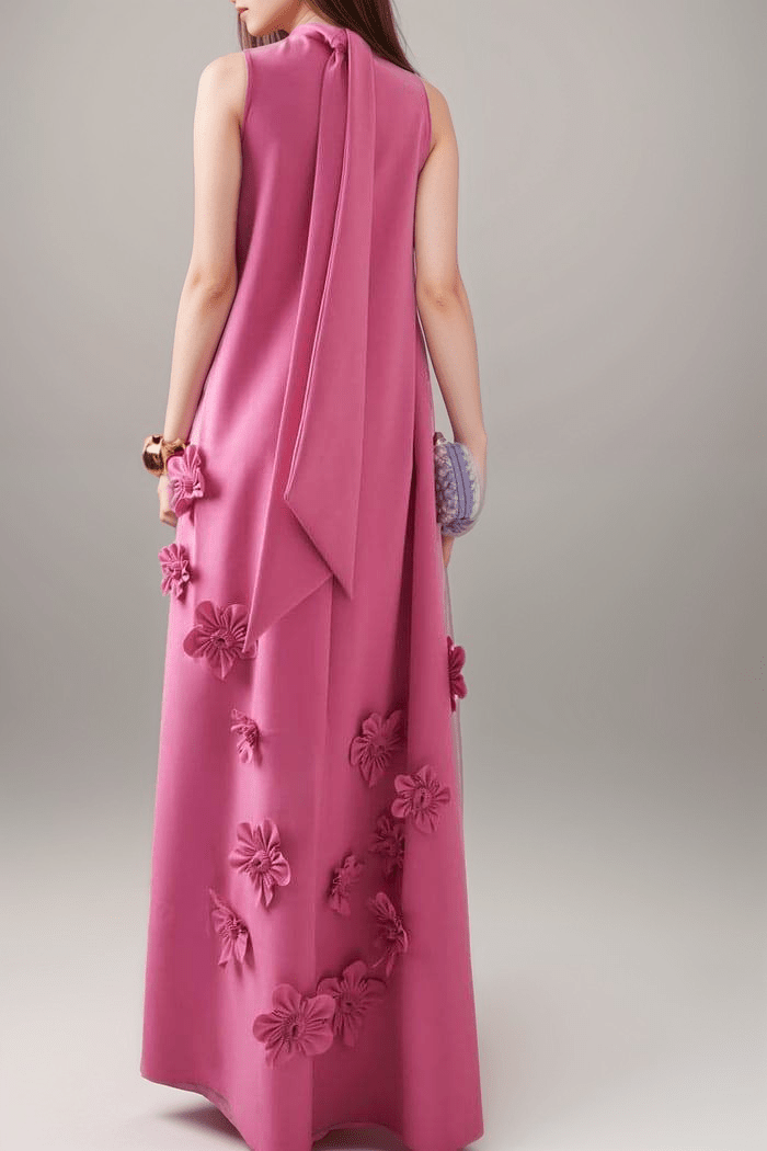 Blossom Elegance Maxi Dress | Floor-Length | Crepe Fabric | Flower Embellishments