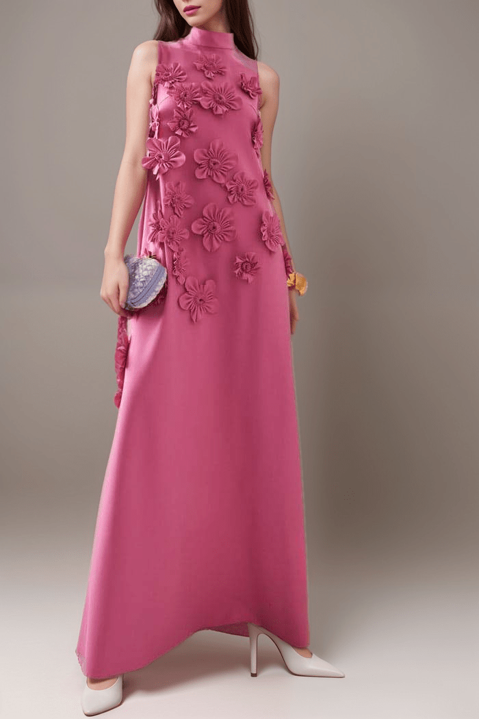 Blossom Elegance Maxi Dress | Floor-Length | Crepe Fabric | Flower Embellishments