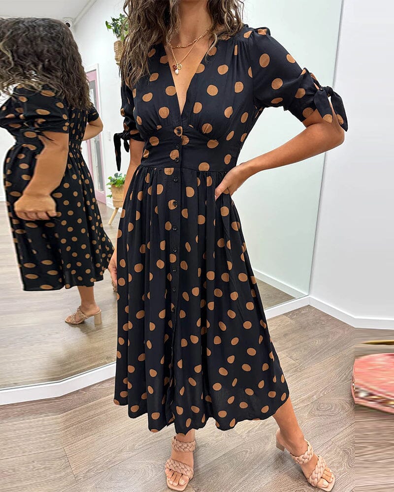 Polka Dot Wrap Midi Dress | V-Neck | Flowy Belted Fit