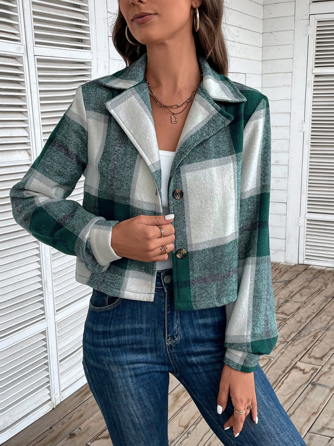 Cropped Plaid Button-Up Jacket | Classic Pattern | Lightweight Polyester Blend | Casual Chic Layer