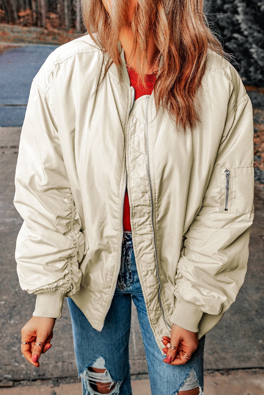 Cropped Bomber Jacket | Satin Finish | Lightweight Layer | Casual Street Style