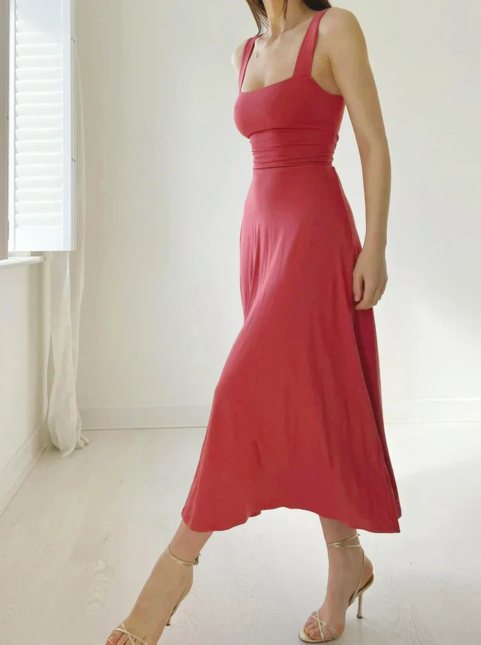 Square Neck Sleeveless Midi Dress | Fitted Bodice Flared Hem | Elegant Summer Occasion Look