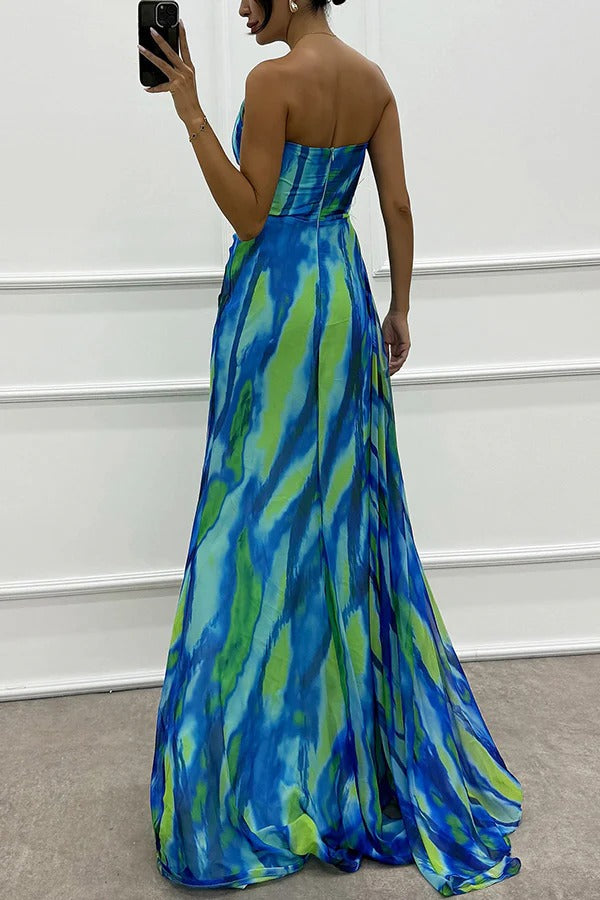Watercolour Chiffon Gown dress | One-Shoulder Design & Side Slit | Bold Abstract Print