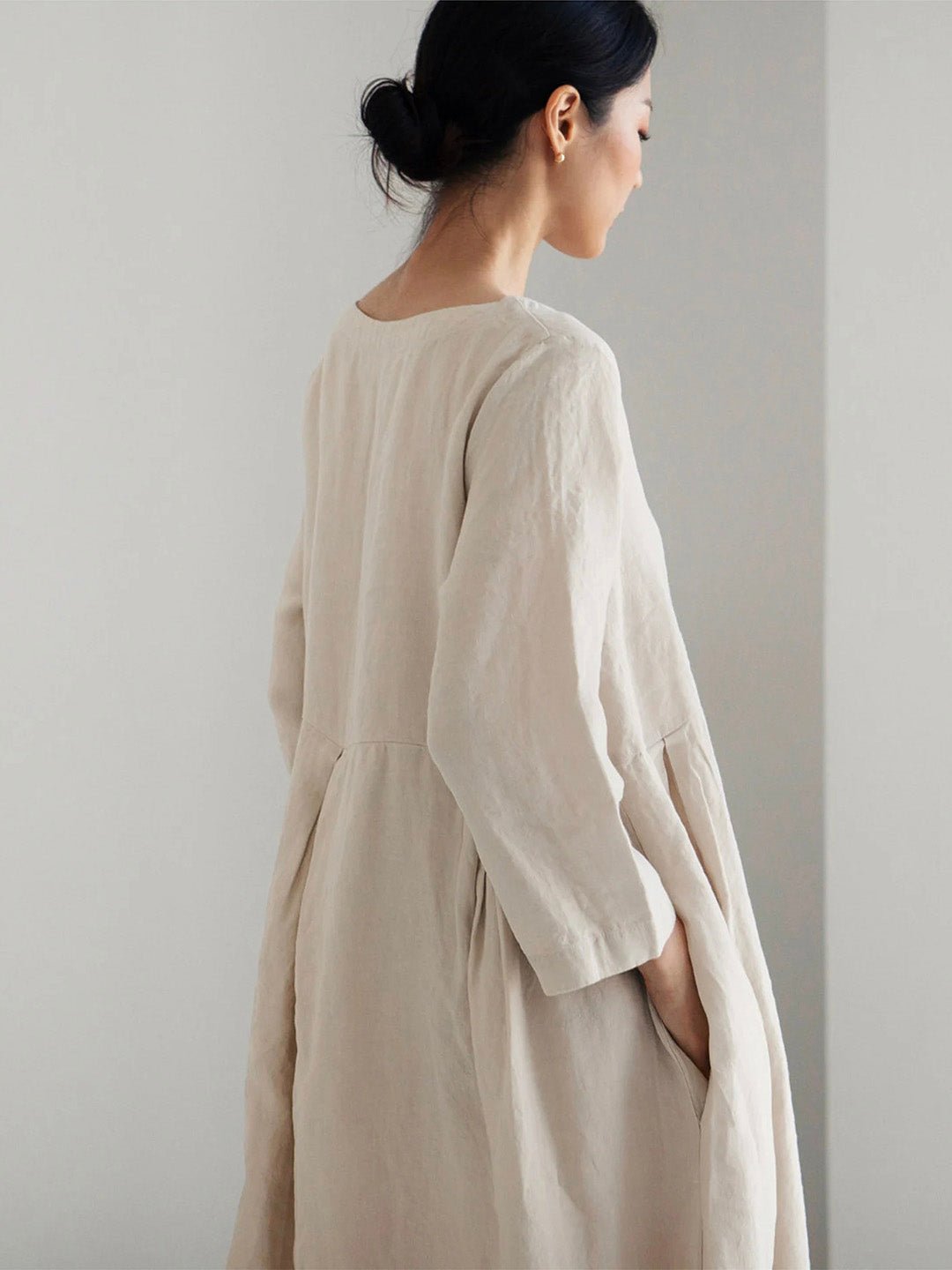 Relaxed Linen Midi Dress | Long Sleeve | Gathered Waist | Everyday Minimalist Style