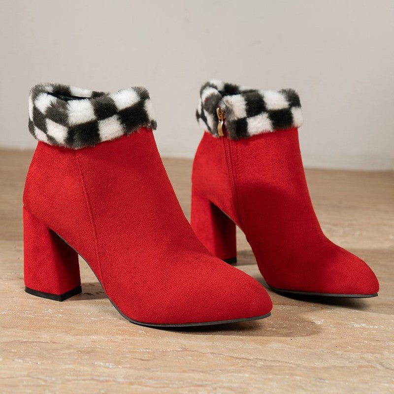 Faux Suede Ankle Boots with Fur Trim | Chunky Heel | Winter Chic | Holiday-Ready