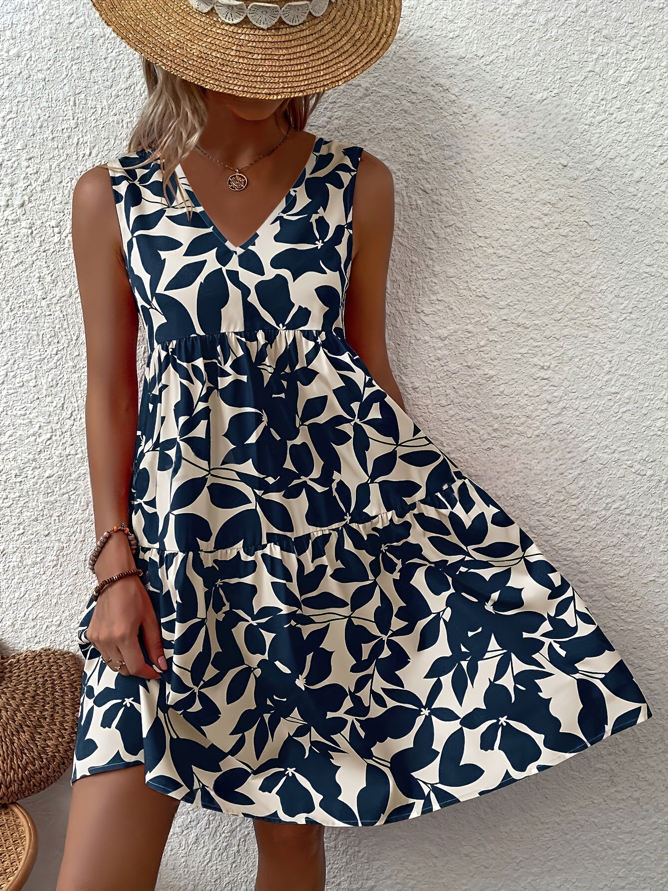 Sleeveless V-Neck Sundress | Tiered A-Line Fit | Navy & Cream Bold Print