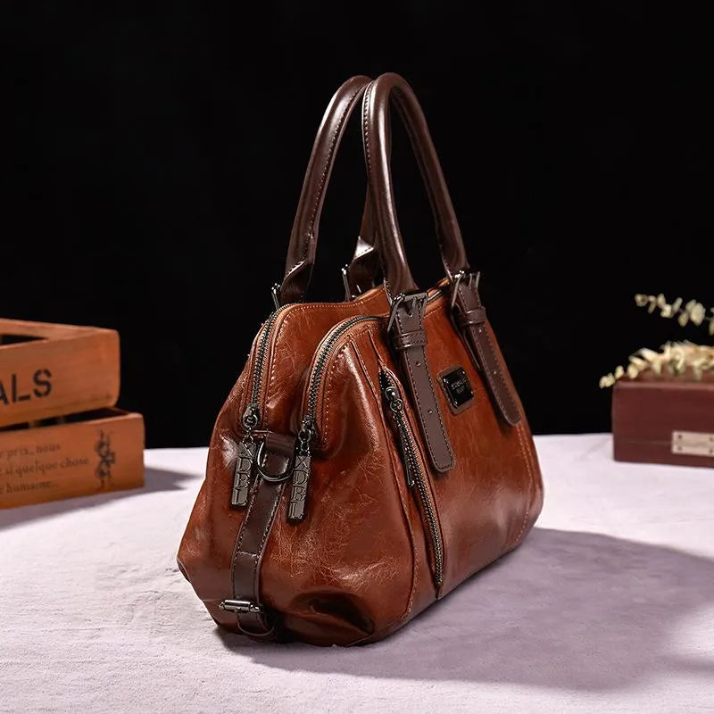 Vintage Leather Satchel Bag | Structured Design | Dual-Zip Compartments