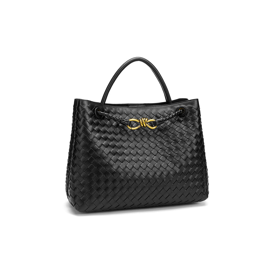 Woven Leather-Look Tote Bag | Gold Knot Detail | Structured Everyday Handbag