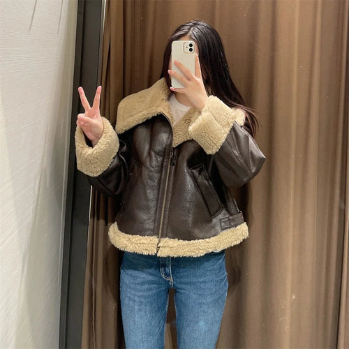 Women's Aviator Jacket | Brown PU Leather with Shearling Trim | Cozy Winter Style