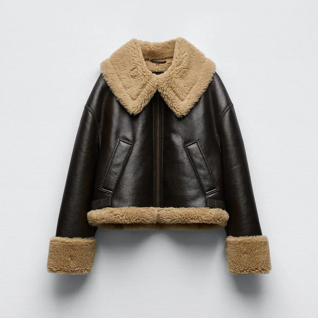 Women's Aviator Jacket | Brown PU Leather with Shearling Trim | Cozy Winter Style