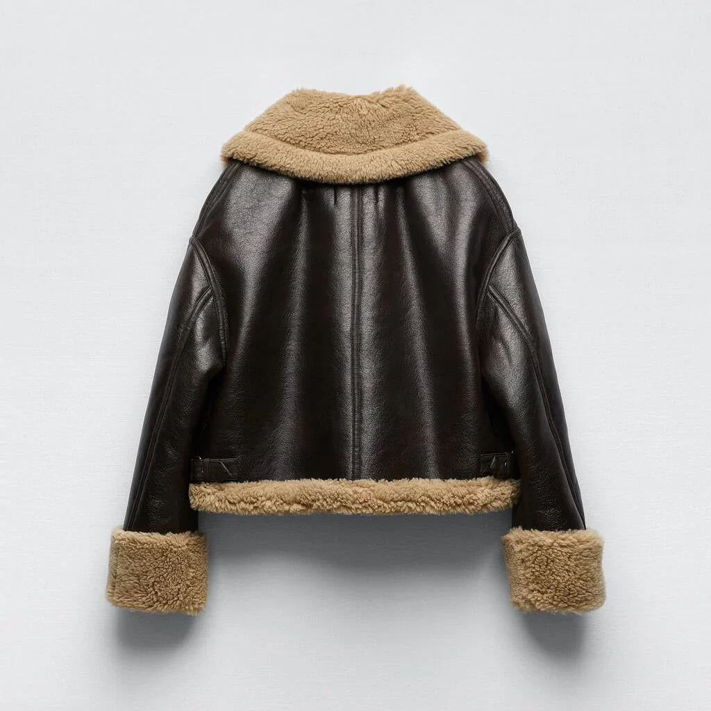Women's Aviator Jacket | Brown PU Leather with Shearling Trim | Cozy Winter Style