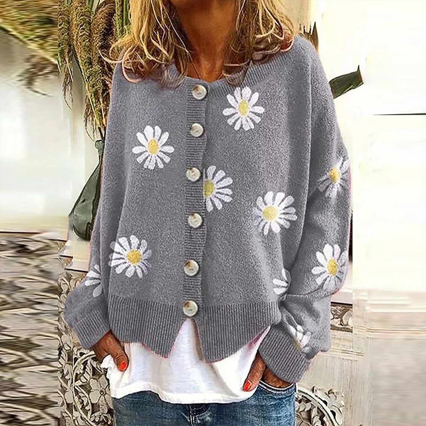 Daisy Print Button-Up Cardigan | Soft Knit Fabric | Playful Floral Design